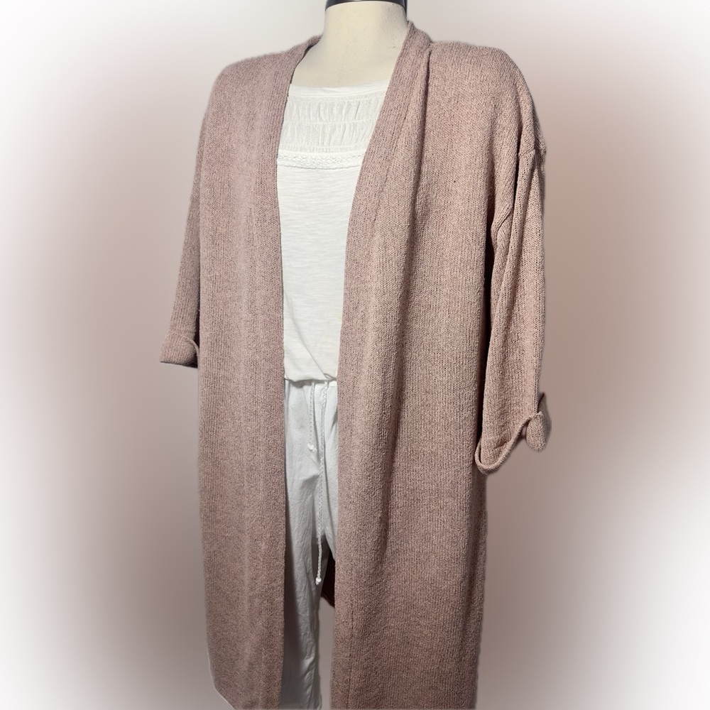 Anniewear LA Dusty Rose Long Open Front Cardigan L Soft Knot Cozy Boho Minimal